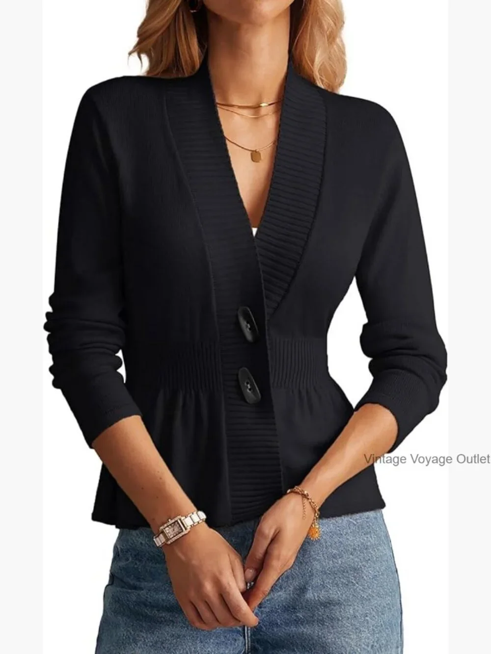 Cropped Peplum Cardigan Sweater, Long Sleeve Button Front, Lightweight Knit - Picture 1 of 7